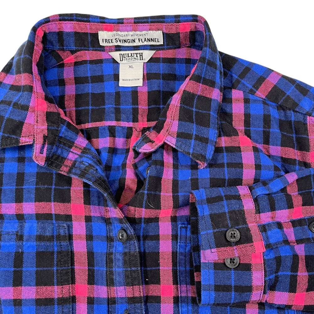 Duluth Trading Co XL Blue Pink Plaid Free Swingin Flannel Shirt Gorpcore Grunge